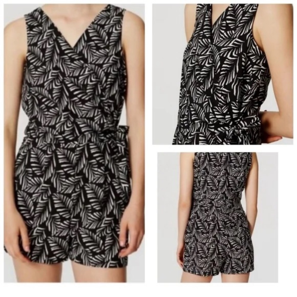 Ann Taylor Loft Wrap Style Romper w/ Black & White Palm Leaf Pattern